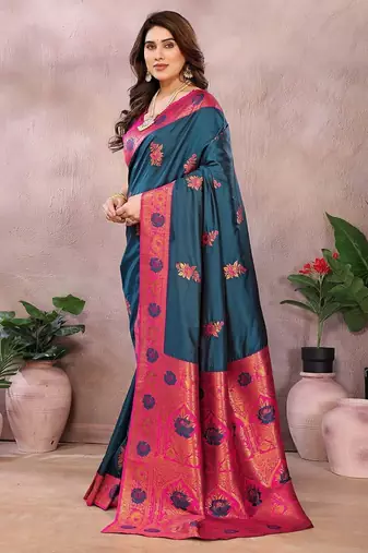 Dark blue pure silk woven zari work saree with blouse