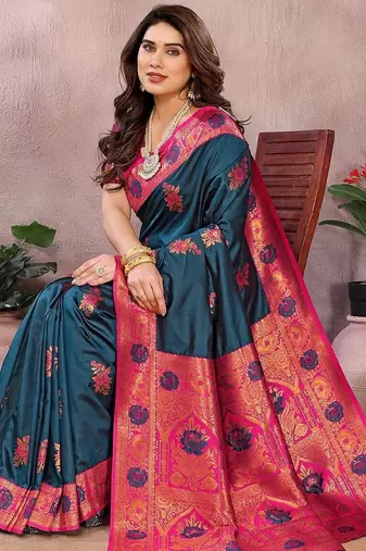 Dark blue blended cotton woven zari work saree with blouse