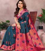 Dark blue blended cotton woven zari work saree with blouse