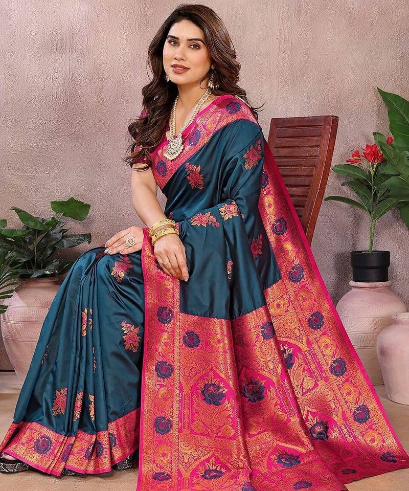 Dark blue blended cotton woven zari work saree with blouse