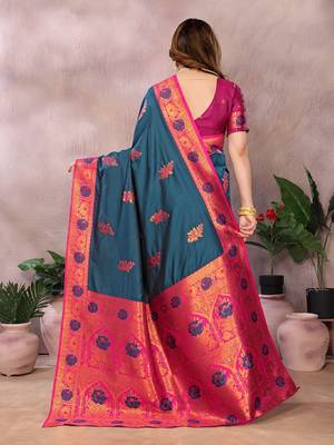 Dark blue blended cotton woven zari work saree with blouse 2