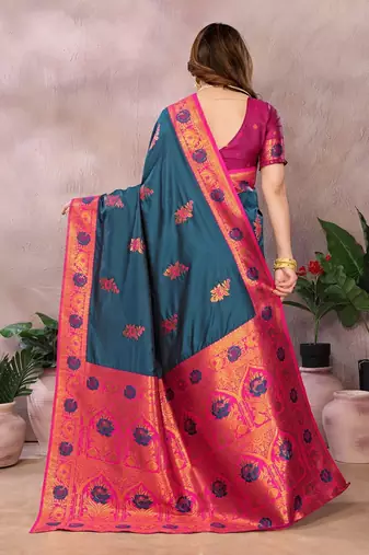 Dark blue blended cotton woven zari work saree with blouse