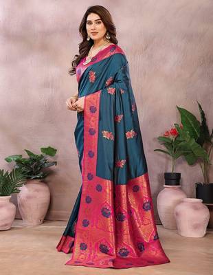 Dark blue blended cotton woven zari work saree with blouse 3
