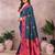 Dark blue blended cotton woven zari work saree with blouse