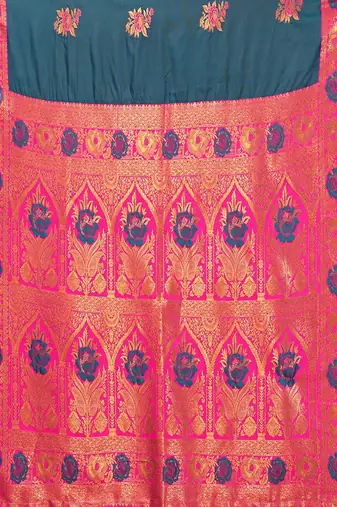 Dark blue blended cotton woven zari work saree with blouse