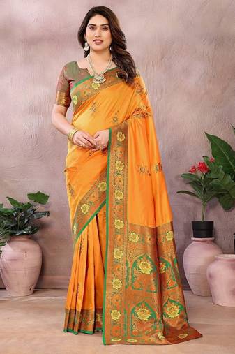 Gold pure silk woven zari work saree with blouse