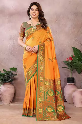 Gold pure silk woven zari work saree with blouse