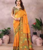 Gold pure silk woven zari work saree with blouse