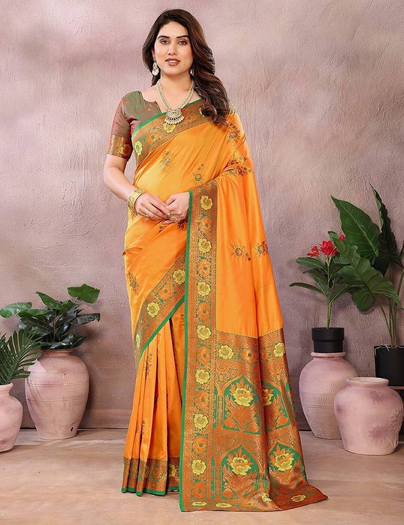 Gold pure silk woven zari work saree with blouse