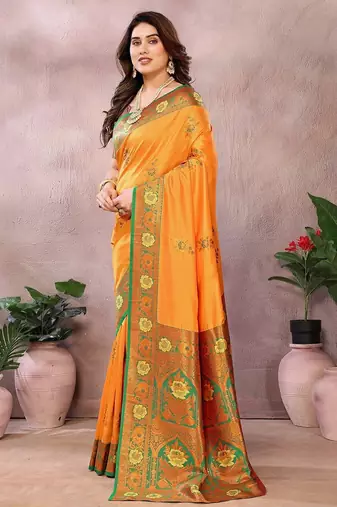 Gold pure silk woven zari work saree with blouse