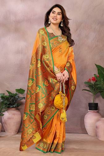 Gold blended cotton woven zari work saree with blouse