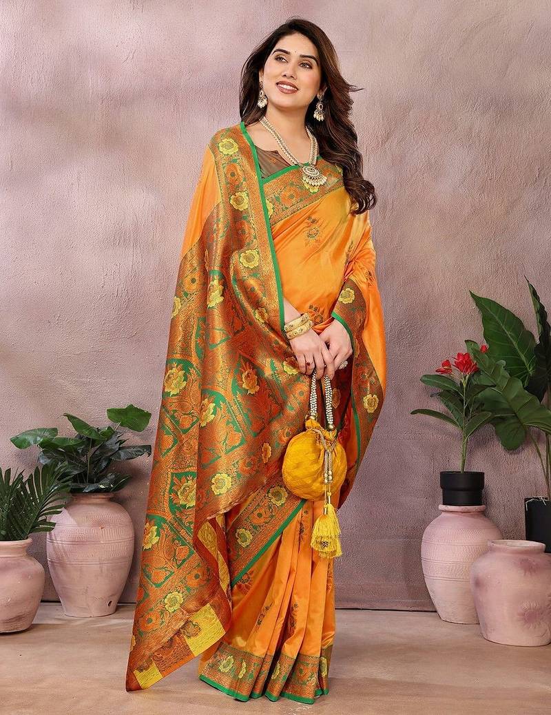 Gold blended cotton woven zari work saree with blouse