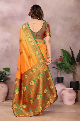 Gold blended cotton woven zari work saree with blouse