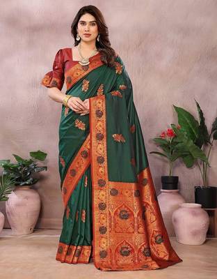 Green pure silk woven zari work saree with blouse 1