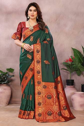 Green pure silk woven zari work saree with blouse