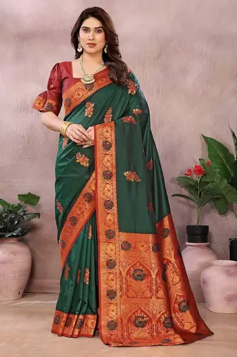 Green pure silk woven zari work saree with blouse