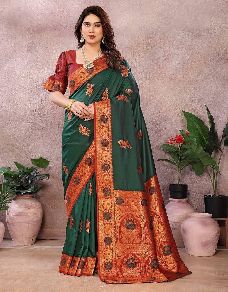 Green pure silk woven zari work saree with blouse