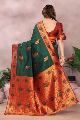 Green pure silk woven zari work saree with blouse