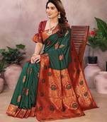 Green blended cotton woven zari work saree with blouse