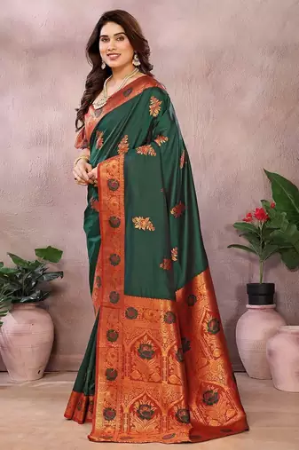 Green blended cotton woven zari work saree with blouse