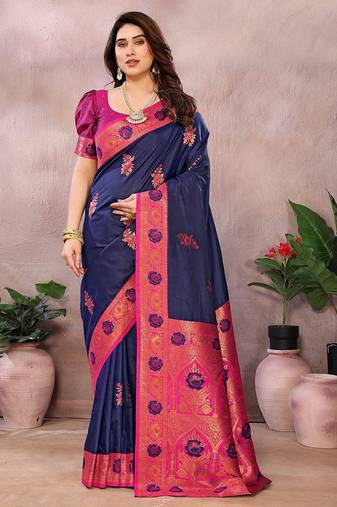 Dark blue pure silk woven zari work saree with blouse