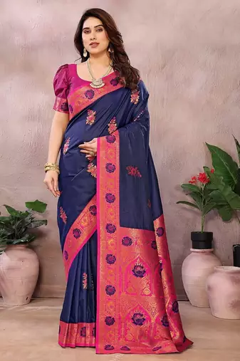 Dark blue pure silk woven zari work saree with blouse