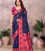 Dark blue pure silk woven zari work saree with blouse
