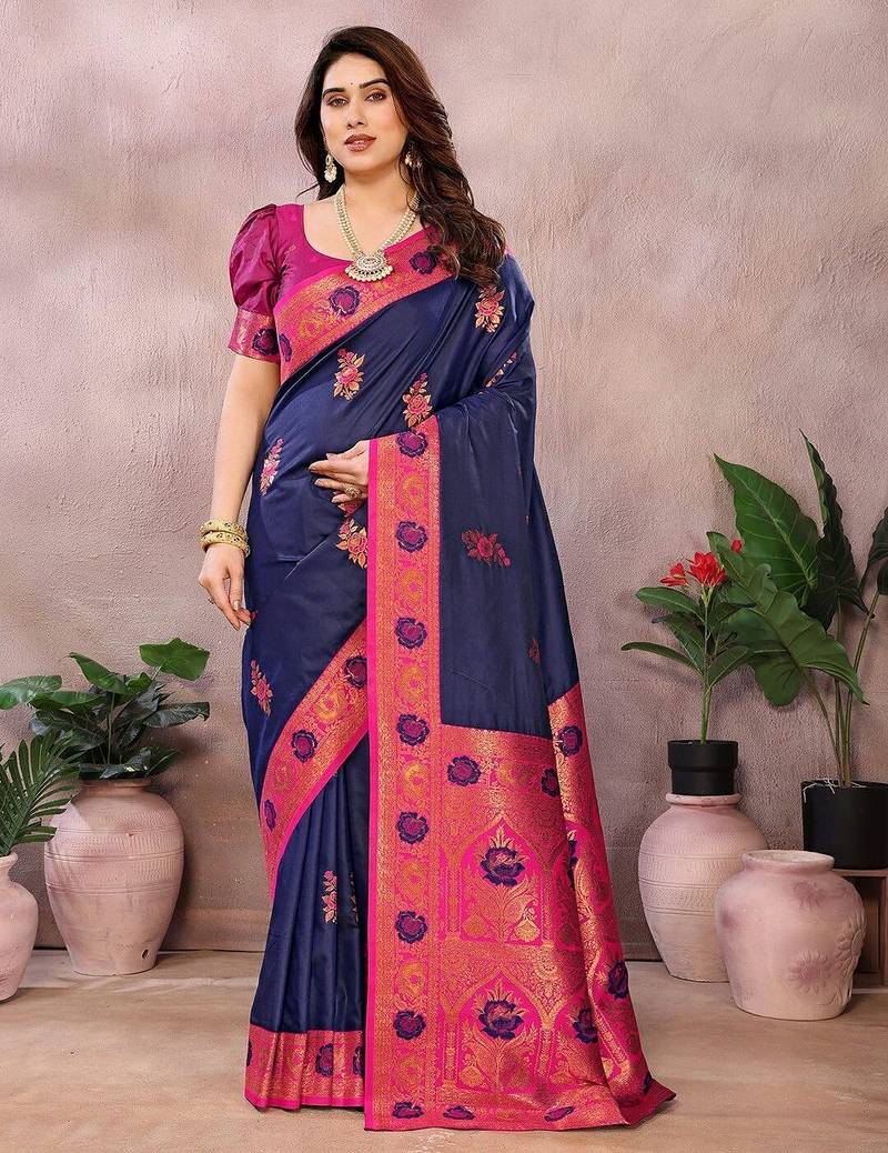 Dark blue pure silk woven zari work saree with blouse
