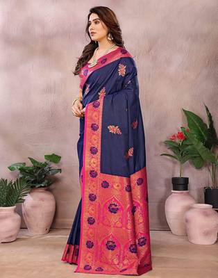 Dark blue pure silk woven zari work saree with blouse 4