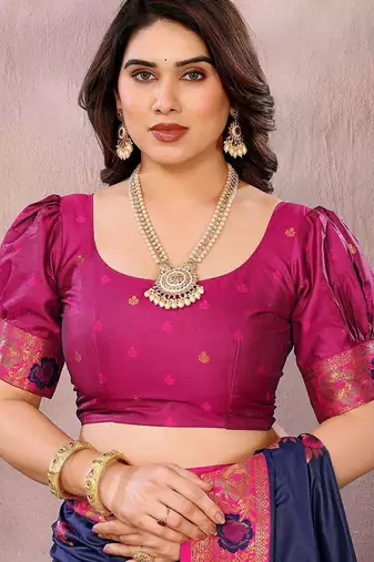 Dark blue pure silk woven zari work saree with blouse