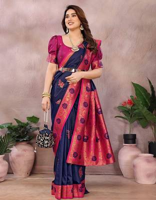 Dark blue pink blended cotton woven zari work saree with blouse 1