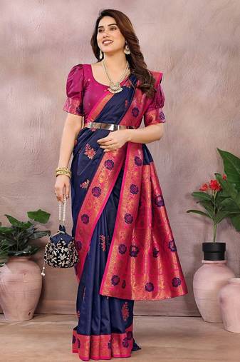 Dark blue pink blended cotton woven zari work saree with blouse