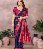 Dark blue pink blended cotton woven zari work saree with blouse