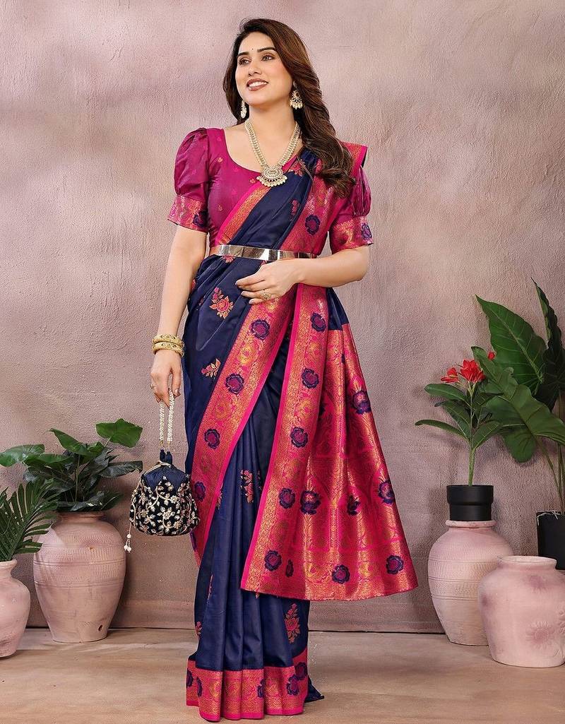 Dark blue pink blended cotton woven zari work saree with blouse