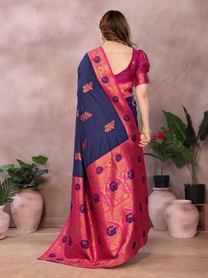 Dark blue pink blended cotton woven zari work saree with blouse 2