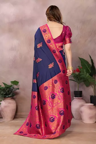 Dark blue pink blended cotton woven zari work saree with blouse
