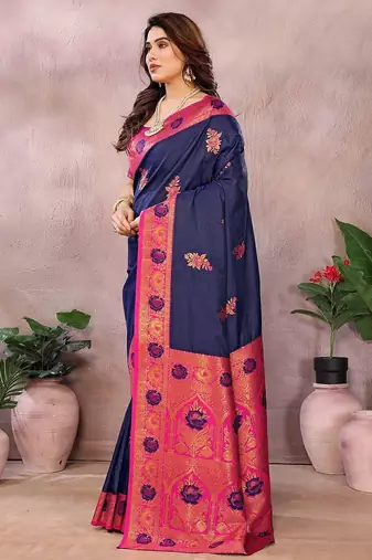 Dark blue pink blended cotton woven zari work saree with blouse