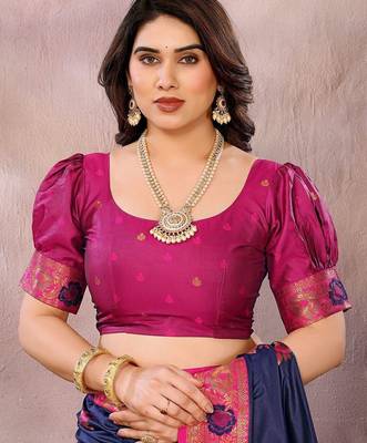 Dark blue pink blended cotton woven zari work saree with blouse 4