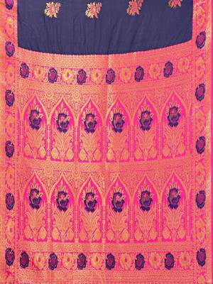 Dark blue pink blended cotton woven zari work saree with blouse 5