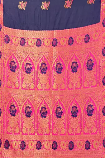 Dark blue pink blended cotton woven zari work saree with blouse