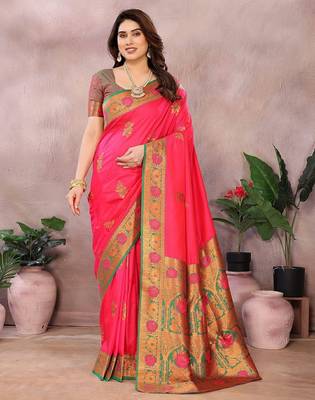 Pink pure silk woven zari work saree with blouse 1