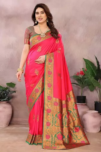 Pink pure silk woven zari work saree with blouse