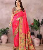 Pink pure silk woven zari work saree with blouse