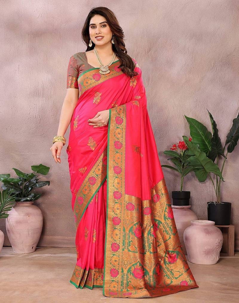 Pink pure silk woven zari work saree with blouse