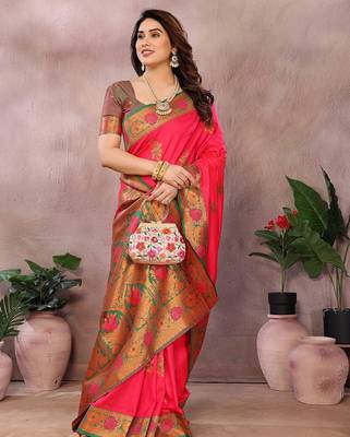 Pink pure silk woven zari work saree with blouse 2