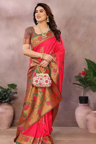 Pink pure silk woven zari work saree with blouse