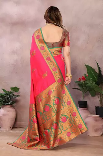Pink pure silk woven zari work saree with blouse