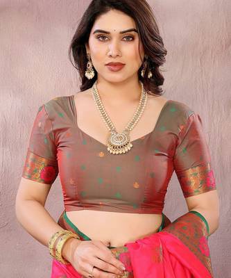 Pink pure silk woven zari work saree with blouse 5