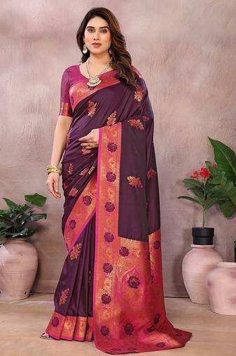 Magenta pure silk woven zari work saree with blouse