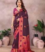 Magenta pure silk woven zari work saree with blouse